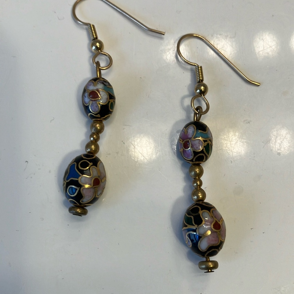 Painted cloisonné black beads with gold accents earrings.